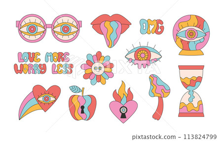 Retro groovy hippie abstract glasses, heart, eye, mouth, mushroom, ball. Cartoon trippy stickers set. 113824799