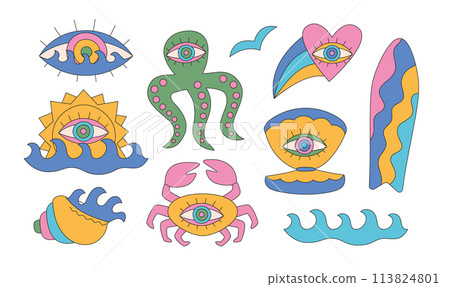 Summer groovy abstract surf, waves, shell, crab, octopus. Trippy bright designs for t-shirt print, poster, sticker, logo. Summer groovy abstract surf, waves, shell, crab, octopus. Trippy bright designs for t-shirt print, poster, sticker, logo. 113824801