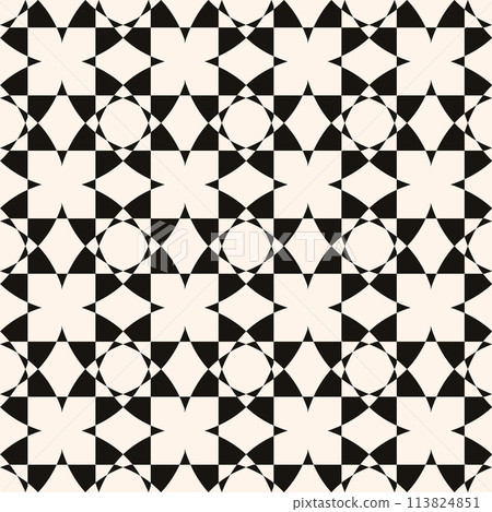 Product with a black and white geometric pattern of circles and squares on a white textile material. Creative arts perfect for flooring or decoration 113824851