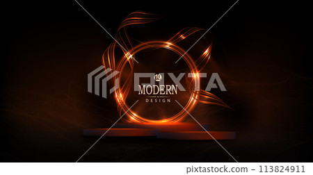 Illustration with a round gold frame with ribbons and a podium on a black background 113824911