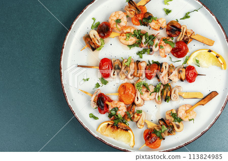 Barbecue seafood kebabs, shellfish. Barbecue seafood kebabs, shellfish. 113824985