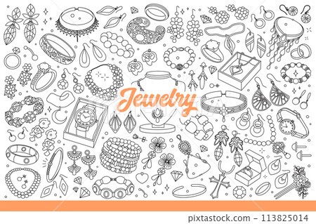 Jewelry for women made from precious metals and diamonds or pearls. Hand drawn doodle. 113825014