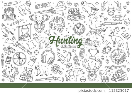 Hunting accessories and wild animals near guns for professional hunters. Hand drawn doodle. 113825017