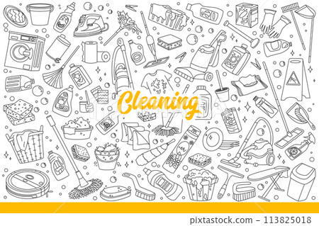 Apartment cleaning equipment and chemicals for washing or stain removal. Hand drawn doodle. Apartment cleaning equipment and chemicals for washing or stain removal. Hand drawn doodle. 113825018
