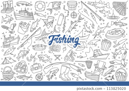 Fishing supplies and fish for fishermen interested in sportfishing. Hand drawn doodle. Fishing supplies and fish for fishermen interested in sportfishing. Hand drawn doodle. 113825020