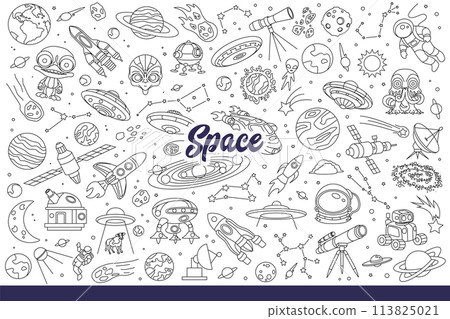 Space crafts and rockets roaming galaxy in search aliens from different planets. Hand drawn doodle Space crafts and rockets roaming galaxy in search aliens from different planets. Hand drawn doodle 113825021