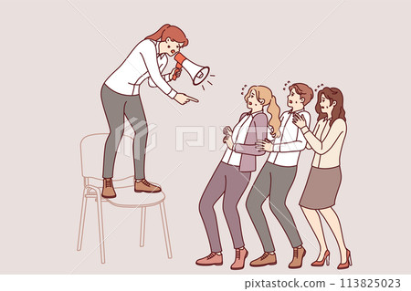 Woman manager shouts at subordinates, intimidating employees to increase productivity 113825023