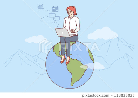 Woman freelancer works for international company via internet, sits on globe with laptop on lap 113825025