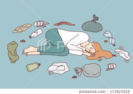 Problem environmental pollution with plastic waste worries woman ecologist lying among rubbish Problem environmental pollution with plastic waste worries woman ecologist lying among rubbish 113825026