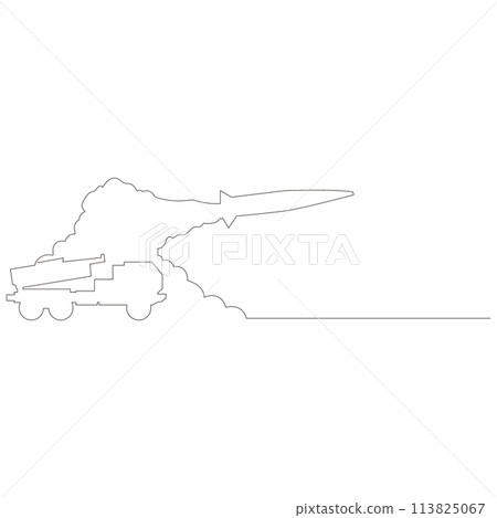Simple line drawing of a missile launched from a launch pad, vector Simple line drawing of a missile launched from a launch pad, vector 113825067