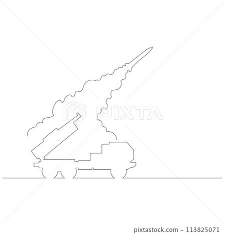 Simple line drawing of a missile launched from a launch pad, vector Simple line drawing of a missile launched from a launch pad, vector 113825071