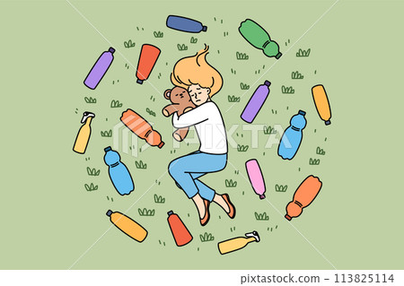 Environmental disaster and plastic waste causes stress in teenage girl lying among bottles on lawn Environmental disaster and plastic waste causes stress in teenage girl lying among bottles on lawn 113825114