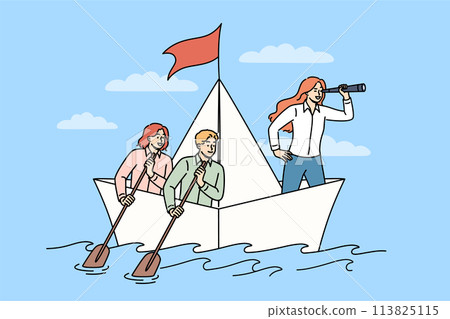 Woman crisis manager leads team during storm, standing on paper ship and holding shameful trumpet 113825115