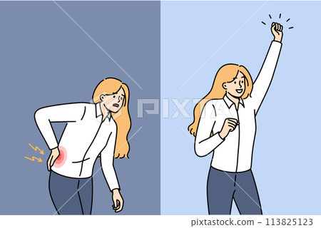 Woman with sore lower back bends over in pain, feeling sciatica, begins to rejoice after healing 113825123