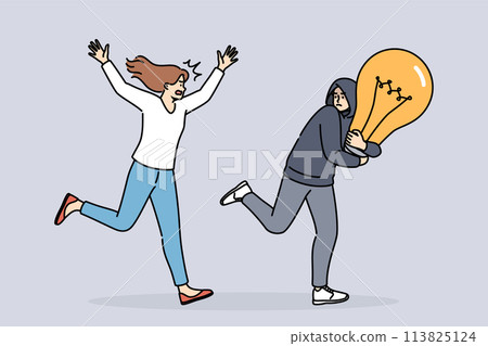 Theft intellectual property from woman running after criminal with large light bulb symbolizing idea 113825124