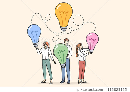 Business team successfully exchanges ideas at meeting, choosing best innovations to implement Business team successfully exchanges ideas at meeting, choosing best innovations to implement 113825135