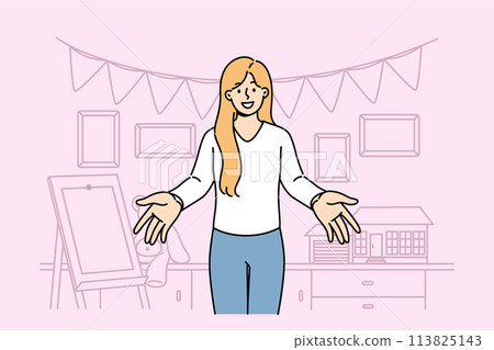 Woman kindergarten teacher invites small children, standing in room with easel and toys Woman kindergarten teacher invites small children, standing in room with easel and toys 113825143