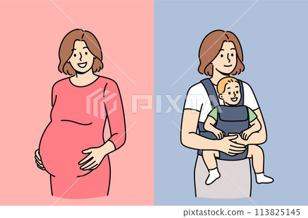 Pregnant woman before and after childbirth, puts hands on stomach or holds newborn baby in arms Pregnant woman before and after childbirth, puts hands on stomach or holds newborn baby in arms 113825145