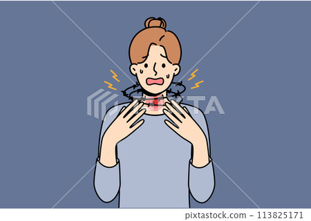 Woman suffering from suffocation and asthma screams, standing with barbed wire around neck Woman suffering from suffocation and asthma screams, standing with barbed wire around neck 113825171