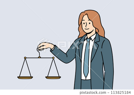 Female lawyer holds scale in hand, listening to arguments of parties for fair and legal decision Female lawyer holds scale in hand, listening to arguments of parties for fair and legal decision 113825184