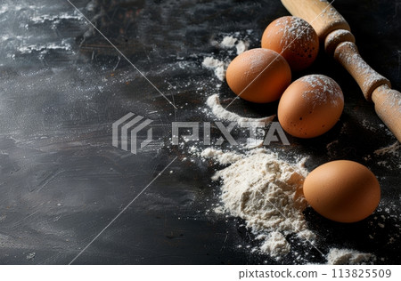 Flour, Eggs, and Rolling Pin on Black Surface 113825509
