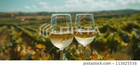 Two Glasses of White Wine on Table 113825538