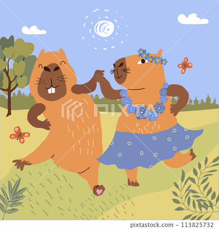 Two copybaras dance in honor of holiday on july 10, enjoying good sunny weather. 113825732