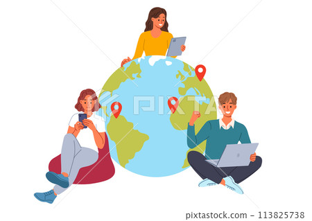 Team of business people works remotely from different countries, sitting with gadgets near globe Team of business people works remotely from different countries, sitting with gadgets near globe 113825738