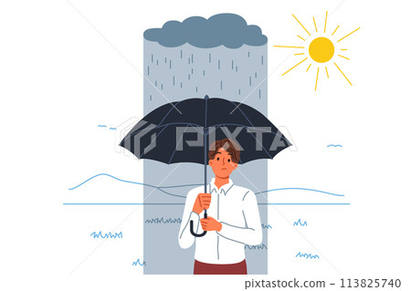 Failure and misfire haunt man standing with umbrella in rain, located in sunny area 113825740