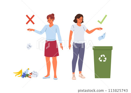 Conscious woman throwing plastic into trash can, standing near deep girl throwing waste on ground 113825743