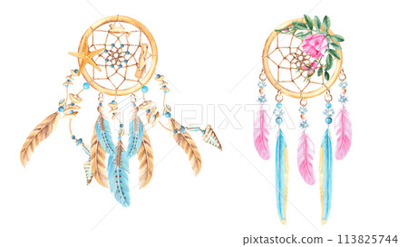 Dream catchers set with feathers, sea shell and sea star, crystals, beads and rose hip, dog rose flowers and branches. Watercolor hand drawn illustration isolated on white background. 113825744
