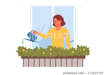 Woman waters flowers, standing on balcony near window to decorate facade of building with greenery 113825745