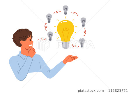 Man comes up with innovative idea, allows to get investments, standing near light bulbs Man comes up with innovative idea, allows to get investments, standing near light bulbs 113825751