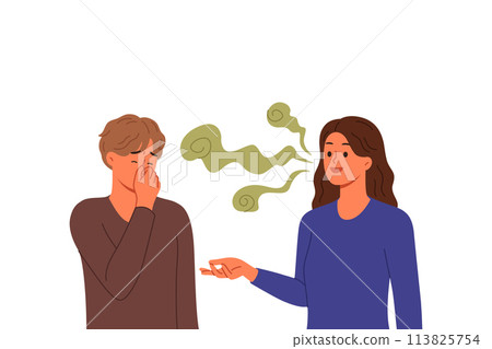 Stinky breath woman with bad teeth or caries irritates guy covering nose with hand Stinky breath woman with bad teeth or caries irritates guy covering nose with hand 113825754