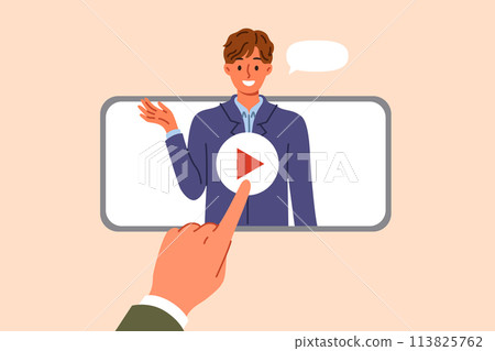Business coach on phone screen with application for viewing training webinar for freelancers 113825762