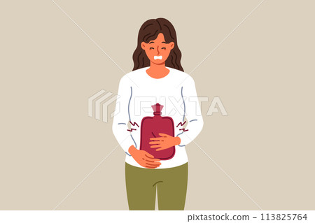 Suffering sick woman uses rubber heating pad to relieve abdominal pain caused by menstrual cycles Suffering sick woman uses rubber heating pad to relieve abdominal pain caused by menstrual cycles 113825764