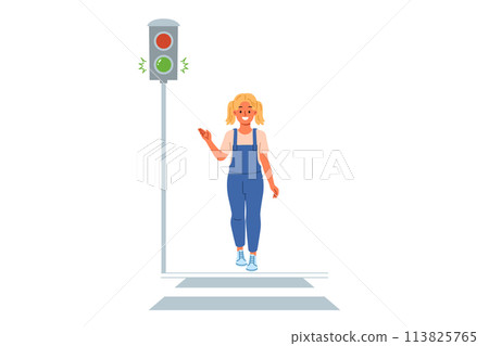 Traffic light shows green signal for little girl walking along pedestrian crossing 113825765