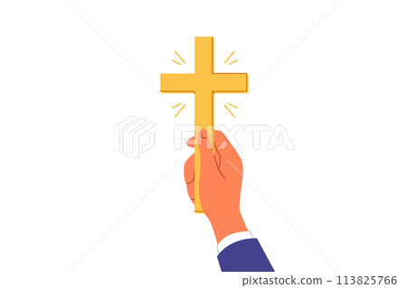 Golden christian crucifix in hands man, inviting to accept catholicism and attend church for prayers Golden christian crucifix in hands man, inviting to accept catholicism and attend church for prayers 113825766