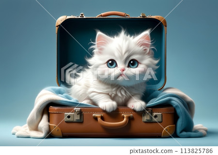 cute white kitten peeking out of a suitcase 113825786