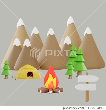 Camping scene. Vector tent, fire, trees and mountain background. Camping scene. Vector tent, fire, trees and mountain background. 113825890