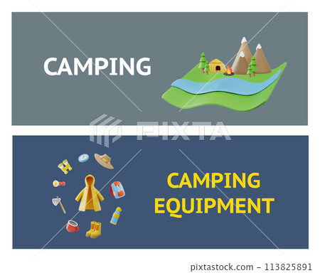 Scenic camping and equipment 3D icon vector illustration set Scenic camping and equipment 3D icon vector illustration set 113825891