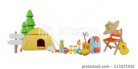 A set of 3D camping badges with a tent, compass and other necessary equipment A set of 3D camping badges with a tent, compass and other necessary equipment 113825892