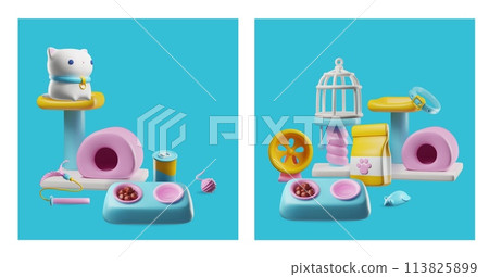 3d cute cat, feed pet bowl, cat house cage, cartoon pet toys, accessories and food, entertainment product vector set 113825899