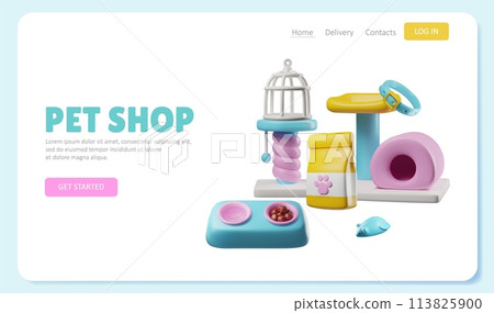 Pet shop advertising web banner cute 3D style vector, dog, cat toys and accessories, care supplies, nutrition zoo store Pet shop advertising web banner cute 3D style vector, dog, cat toys and accessories, care supplies, nutrition zoo store 113825900