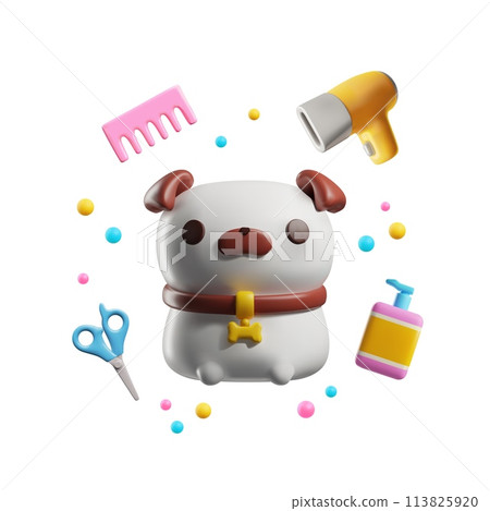Cute dog with grooming accessories 3D vector illustration, pet care shop products shampoo, comb, hair dryer, scissors Cute dog with grooming accessories 3D vector illustration, pet care shop products shampoo, comb, hair dryer, scissors 113825920