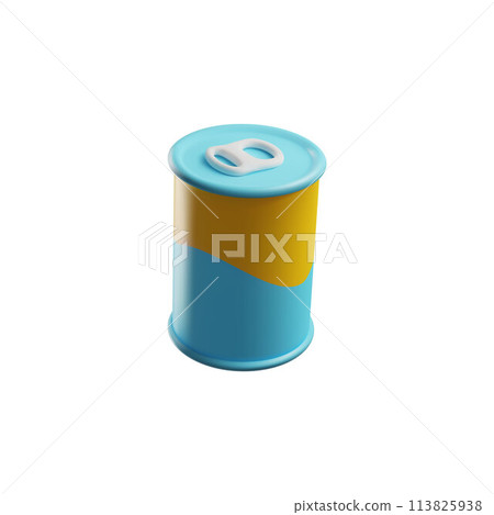 Tin can with ring pull on lid yellow and blue colors 3D vector, pet feed conserve product aluminum package with open key Tin can with ring pull on lid yellow and blue colors 3D vector, pet feed conserve product aluminum package with open key 113825938