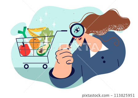 Woman nutritionist selects vegetables, standing with magnifying glass near shopping cart Woman nutritionist selects vegetables, standing with magnifying glass near shopping cart 113825951