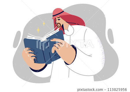 Man in arabic clothing reads muslim literature about importance of following traditions of islam Man in arabic clothing reads muslim literature about importance of following traditions of islam 113825956