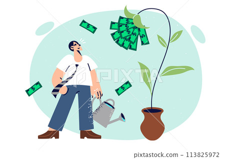 Business man waters money flower, seeking to increase passive income from investing in startup 113825972