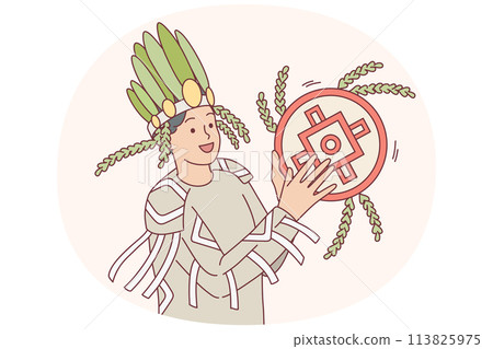 Smiling man in traditional costume play instrument Smiling man in traditional costume play instrument 113825975